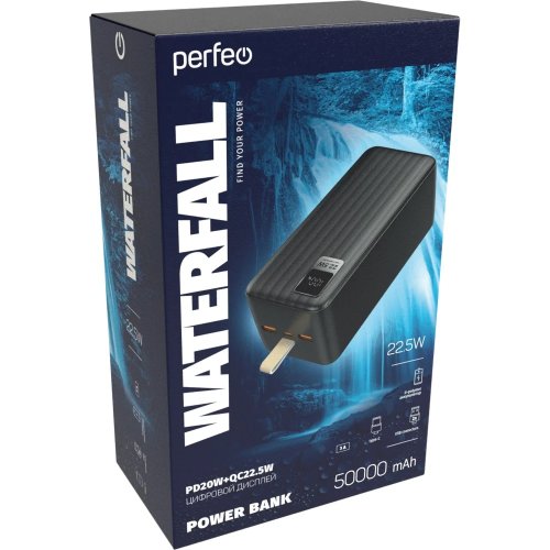    Perfeo WATERFALL 50000 mAh/Led /PD + QC 3.0/2 Type-C/2USB/: 5, max22.5W Black [PF_D0186]