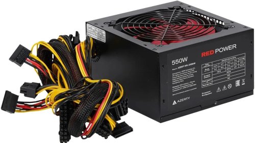 ���� ������� 550W Azerty RPL-550BAR ATX, 12CM FAN, 20+4p ,CPU(8pin), 1* PCI-E(6+2), 4* SATA, 2* Molex, ������ �������, ������� �������� ���������� �� ����� 18 AWG, OLP  OPP, OVP, SCP, UVP
