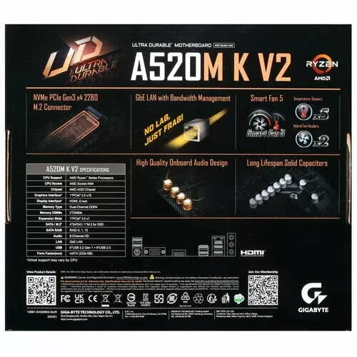 . GIGABYTE A520M K V2 AM4, AMD A520, 2xDDR4-3200 Mhz, 1xPCI-Ex16, 1xM.2, Micro-ATX