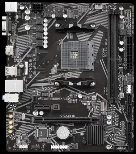 . GIGABYTE A520M K V2 AM4, AMD A520, 2xDDR4-3200 Mhz, 1xPCI-Ex16, 1xM.2, Micro-ATX