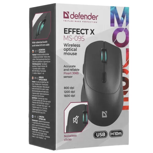 Мышь Defender Effect X MS-095 черный, 6D, 800-1600dpi, бесшумная, беспроводная Мышь Defender Effect X MS-095 черный, 6D, 800-1600dpi, бесшумная, беспроводная