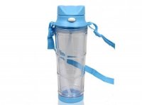 Бутылка для воды пластик с голубой крышкой с ремешком под полиграфическую вставку 460мл