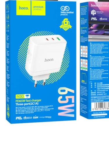   HOCO N30, PD65W, 1xUSB-A, 2xType-C, 3A, + (Type-C - Type-C), 1, 