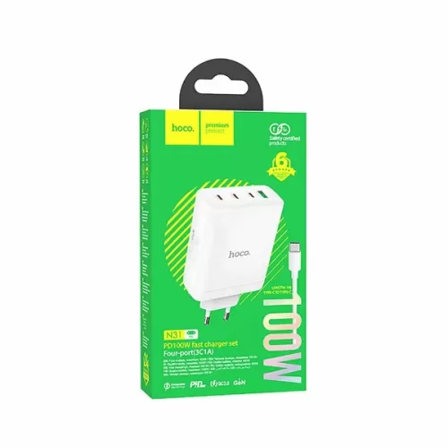   HOCO N31, PD100W, 3xType-C, 1xUSB, 3A + (Type-C - Type-C), 1, 