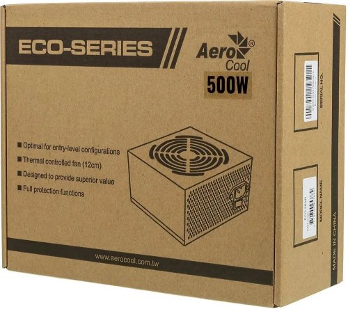   500W Aerocool ECO-500, 500, 120, , MB 20+4 pin, CPU 4pin ,  6 pin 1, SATA 3 , Molex 2 , FDD 1  retail