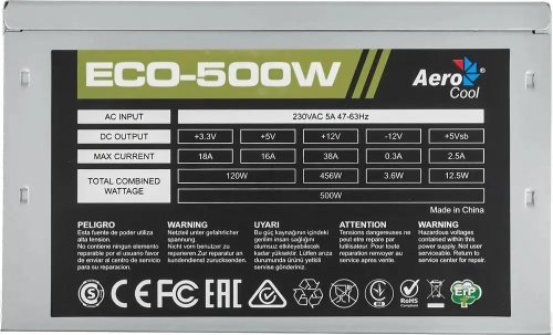  500W Aerocool ECO-500, 500, 120, , MB 20+4 pin, CPU 4pin ,  6 pin 1, SATA 3 , Molex 2 , FDD 1  retail