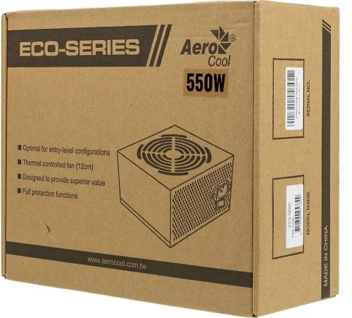   550W Aerocool ECO-550, 550, 120, , MB 20+4 pin, CPU 8pin ,  8 pin 1, SATA 4 , Molex 3 , FDD 1  retail