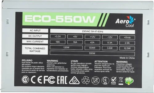   550W Aerocool ECO-550, 550, 120, , MB 20+4 pin, CPU 8pin ,  8 pin 1, SATA 4 , Molex 3 , FDD 1  retail