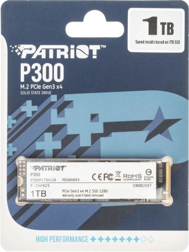 ������������� ���������� SSD M.2 1Tb Patriot P300 [P300P1TBM28] [ M.2 NVMe ,PCIe 3.0 x4, ������ - 2100 �����/���, ������ - 1650 �����/���, NVM Express, TBW - 480 ��]