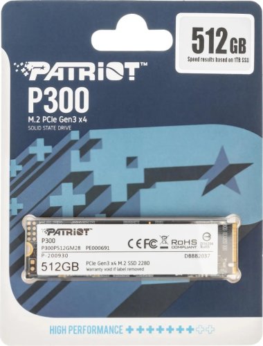 ������������� ���������� SSD M.2 512GB M.2 NVMe Patriot P300 [P300P512GM28] [PCIe 3.0 x4, ������ - 1700 �����/���, ������ - 1200 �����/���, NVM Express, TBW - 240 ��]
