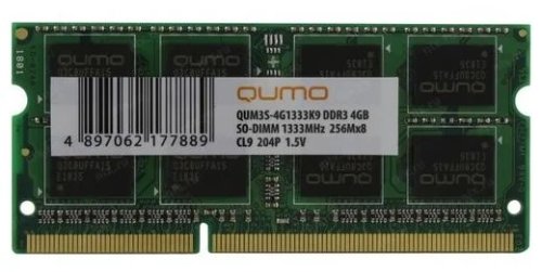������ SO-DIMM DDR3 4GB QUMO 1333MHz PC-10660 512Mx8 CL9 Retail (QUM3S-4G1333K9R) 16 Chips